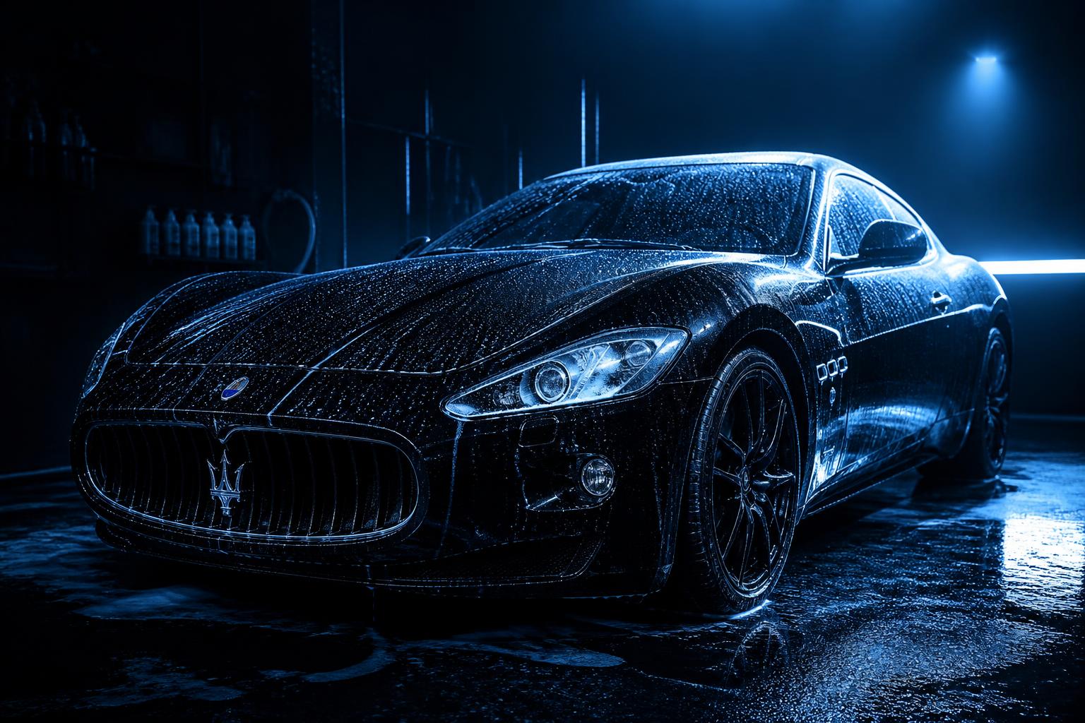 Carro esportivo preto sendo lavado sob luz azul